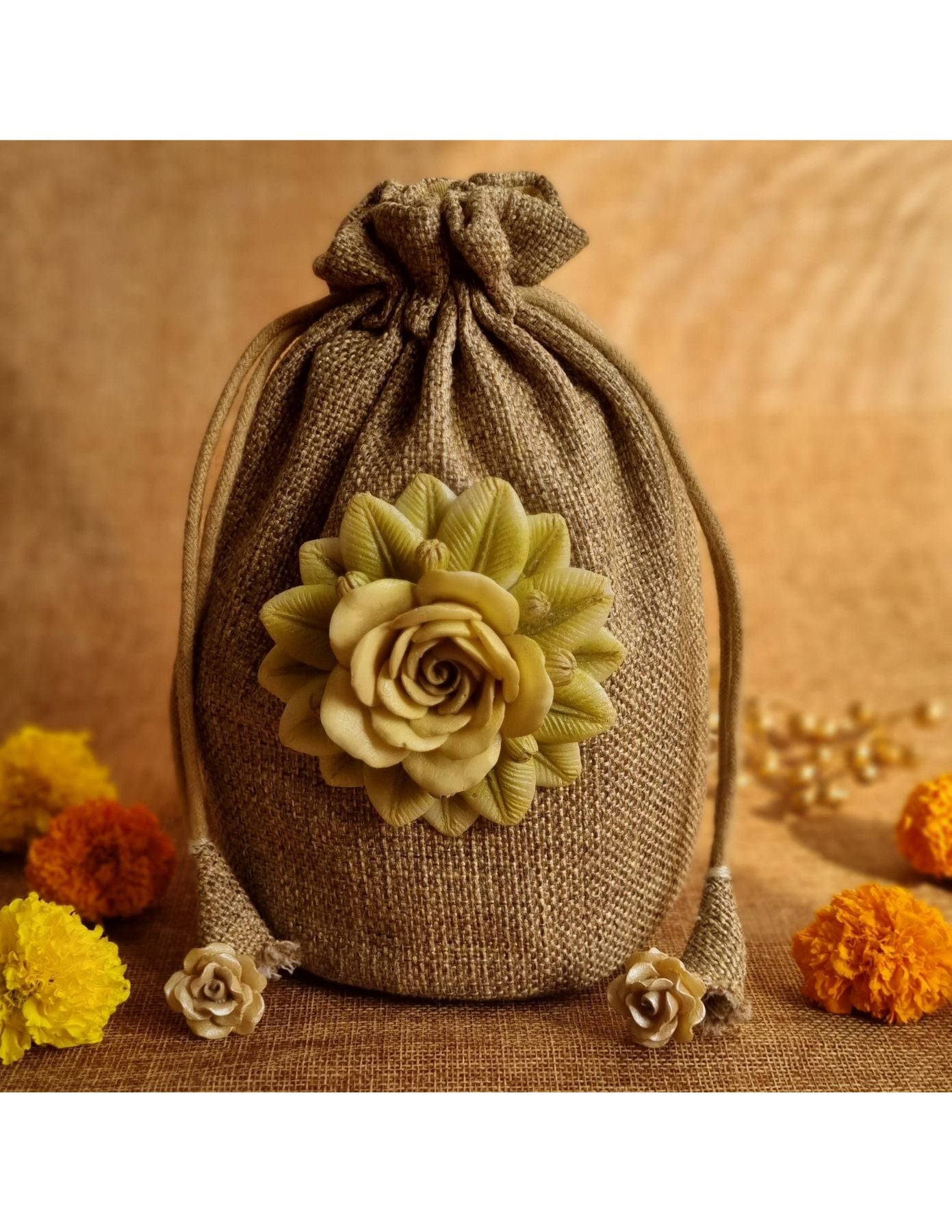 The Mocha Jute Floral Potli Bag The ASF Shop