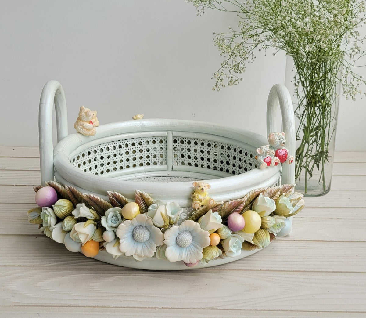 Whimsical Wicker Teddy Disc Basket - Sky