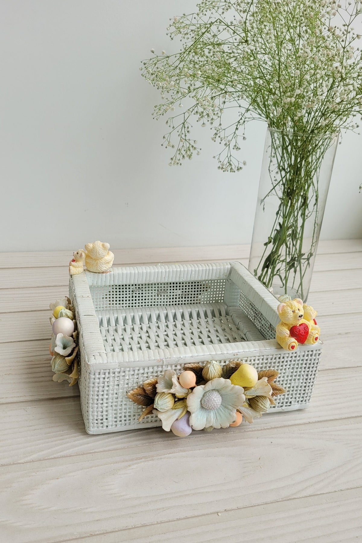 Whimsical Wicker Teddy Quad Basket - Sky