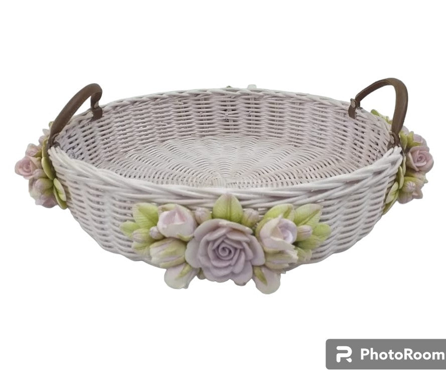 Rose embellished Leather Handle Basket (Pink)