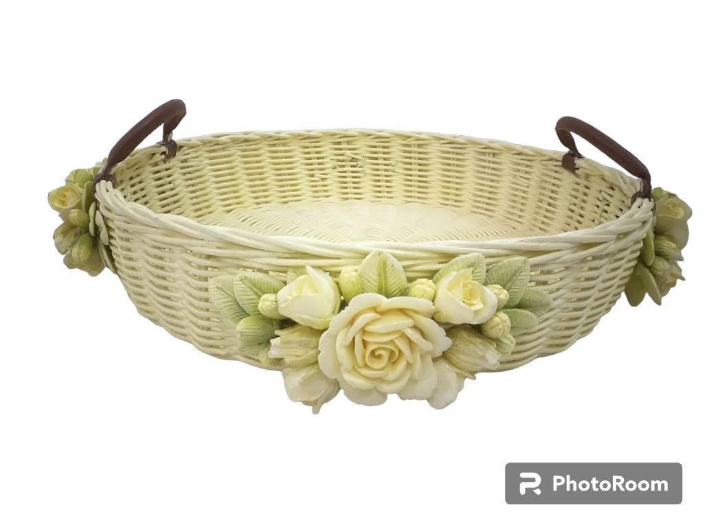 Rose embellished Leather Handle Basket (Yellow)