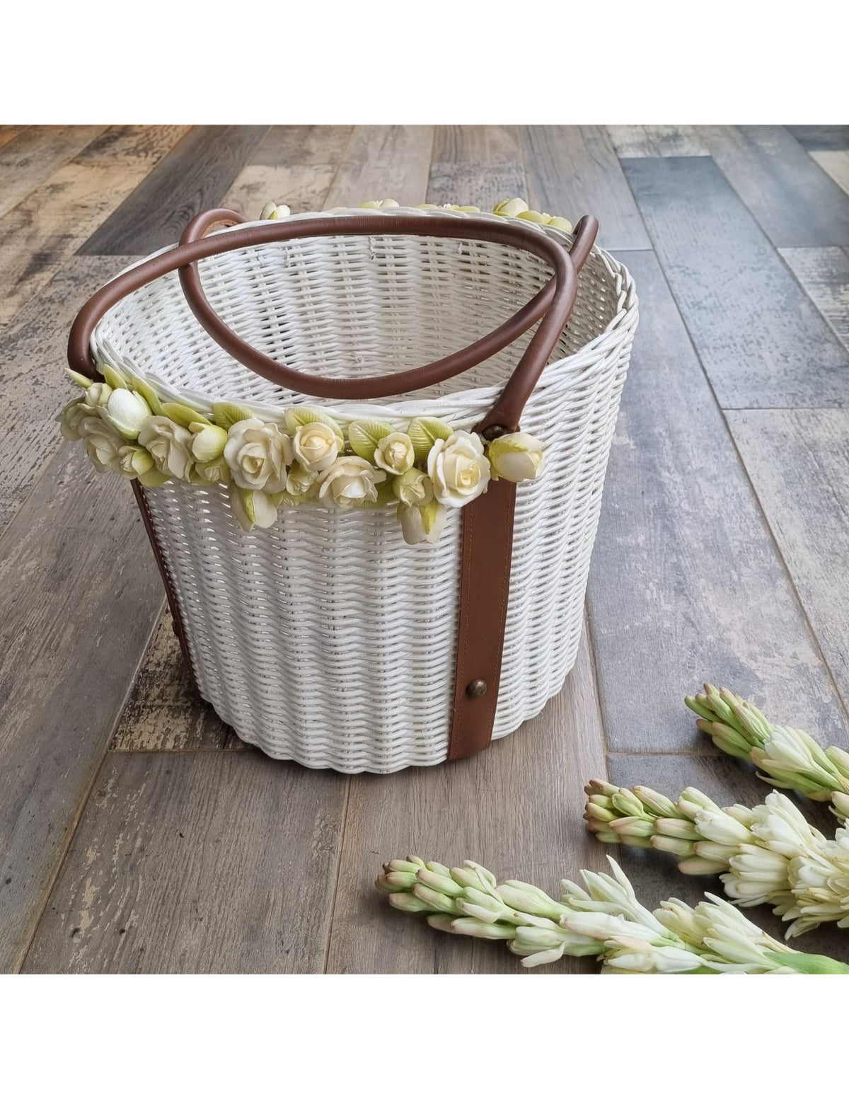 Wreath-Leathered Bucket Basket