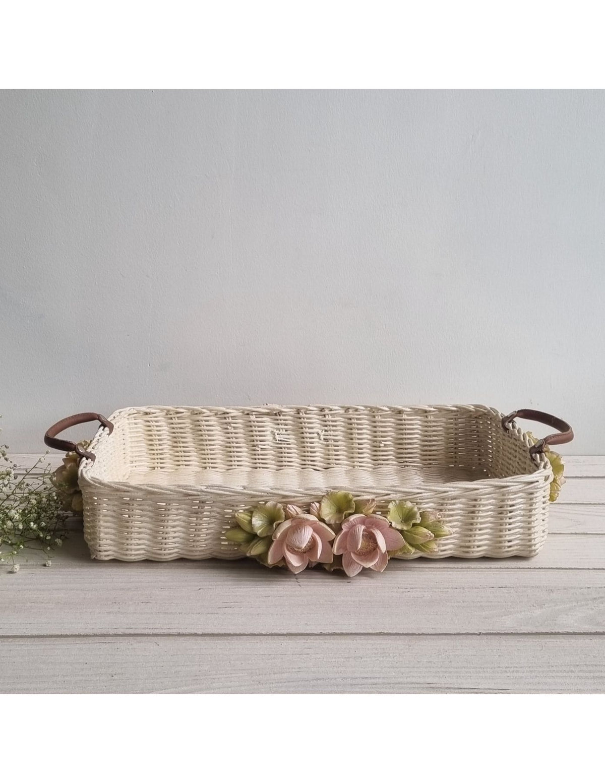 White Floret Leather Handle Basket